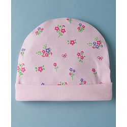 Babyhug 100% Cotton Interlock Knit Cap Mittens & Booties Set With Floral Print & Bow Applique Pink - Diameter 14