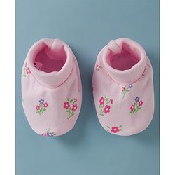 Babyhug 100% Cotton Interlock Knit Cap Mittens & Booties Set With Floral Print & Bow Applique Pink - Diameter 14