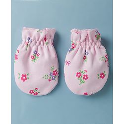 Babyhug 100% Cotton Interlock Knit Cap Mittens & Booties Set With Floral Print & Bow Applique Pink - Diameter 14