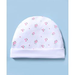 Babyhug 100% Cotton Knit Floral Printed Cap Mittens & Booties Set White - Diameter 15 cm