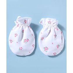 Babyhug 100% Cotton Knit Floral Printed Cap Mittens & Booties Set White - Diameter 15 cm