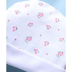 Babyhug 100% Cotton Knit Floral Printed Cap Mittens & Booties Set White - Diameter 15 cm