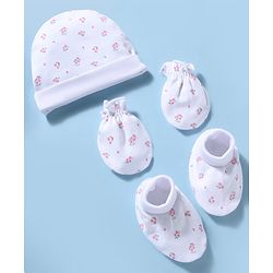 Babyhug 100% Cotton Knit Floral Printed Cap Mittens & Booties Set White - Diameter 15 cm
