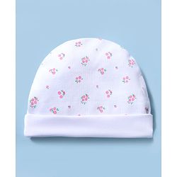 Babyhug 100% Cotton Knit Floral Printed Cap Mittens & Booties Set White - Diameter 15 cm