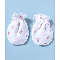 Babyhug 100% Cotton Knit Floral Printed Cap Mittens & Booties Set White - Diameter 15 cm