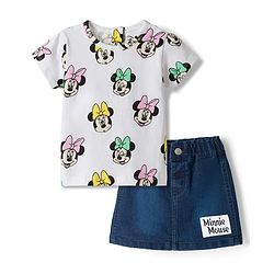 Babyhug Disney Single Jersey Knit Half Sleeves T-Shirt & Denim Skirt Set With Minnie Mouse Graphics - Multicolor