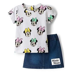 Babyhug Disney Single Jersey Knit Half Sleeves T-Shirt & Denim Skirt Set With Minnie Mouse Graphics - Multicolor