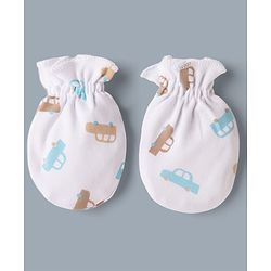Babyhug 100% Cotton Interlock Knit Cap Mittens & Booties with Vehicle Print White & Beige - Diameter 12 cm