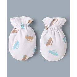 Babyhug 100% Cotton Interlock Knit Cap Mittens & Booties with Vehicle Print White & Beige - Diameter 12 cm