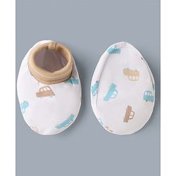 Babyhug 100% Cotton Interlock Knit Cap Mittens & Booties with Vehicle Print White & Beige - Diameter 12 cm