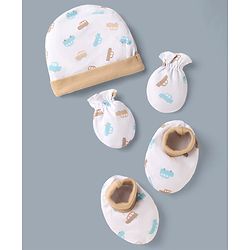 Babyhug 100% Cotton Interlock Knit Cap Mittens & Booties with Vehicle Print White & Beige - Diameter 12 cm