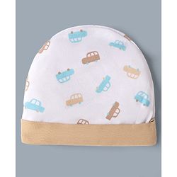 Babyhug 100% Cotton Interlock Knit Cap Mittens & Booties with Vehicle Print White & Beige - Diameter 12 cm