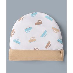 Babyhug 100% Cotton Interlock Knit Cap Mittens & Booties with Vehicle Print White & Beige - Diameter 12 cm