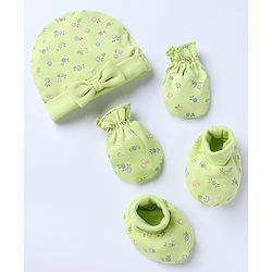 Babyhug 100% Cotton Interlock Knit Caps Mittens & Booties with Bow Applique & Floral Print Light Green - Diameter 15 cm