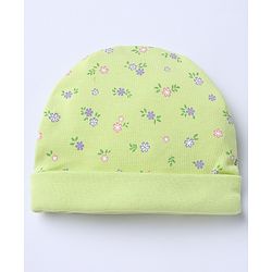 Babyhug 100% Cotton Interlock Knit Caps Mittens & Booties with Bow Applique & Floral Print Light Green - Diameter 15 cm