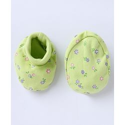 Babyhug 100% Cotton Interlock Knit Caps Mittens & Booties with Bow Applique & Floral Print Light Green - Diameter 15 cm