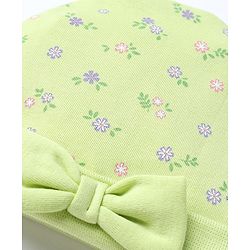 Babyhug 100% Cotton Interlock Knit Caps Mittens & Booties with Bow Applique & Floral Print Light Green - Diameter 15 cm