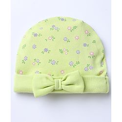 Babyhug 100% Cotton Interlock Knit Caps Mittens & Booties with Bow Applique & Floral Print Light Green - Diameter 15 cm