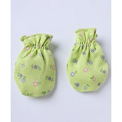 Babyhug 100% Cotton Interlock Knit Caps Mittens & Booties with Bow Applique & Floral Print Light Green - Diameter 15 cm