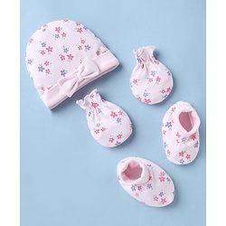 Babyhug 100% Cotton Interlock Knit Caps Mittens & Booties with Dinosaur Print White - Diameter 15.5 cm