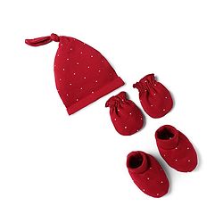 Babyhug 100% Cotton Interlock Knit Cap Mittens & Booties With Heart Design Maroon - Diameter 15 cm