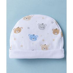 Babyhug 100% Cotton Interlock Knit Cap Mittens & Booties Set With Teddy Bear Print White -Diameter 10.5 cm