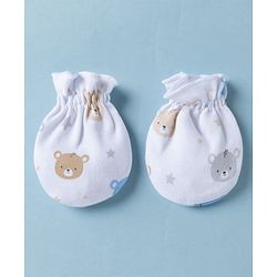 Babyhug 100% Cotton Interlock Knit Cap Mittens & Booties Set With Teddy Bear Print White -Diameter 10.5 cm