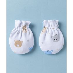 Babyhug 100% Cotton Interlock Knit Cap Mittens & Booties Set With Teddy Bear Print White -Diameter 10.5 cm