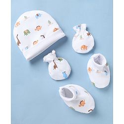 Babyhug 100% Cotton Interlock Knit Caps Mittens & Booties with Elephant Dinosaur Print White - Diameter 14.5 cm