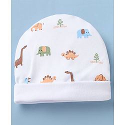 Babyhug 100% Cotton Interlock Knit Caps Mittens & Booties with Elephant Dinosaur Print White - Diameter 14.5 cm