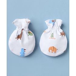 Babyhug 100% Cotton Interlock Knit Caps Mittens & Booties with Elephant Dinosaur Print White - Diameter 14.5 cm