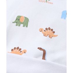 Babyhug 100% Cotton Interlock Knit Caps Mittens & Booties with Elephant Dinosaur Print White - Diameter 14.5 cm
