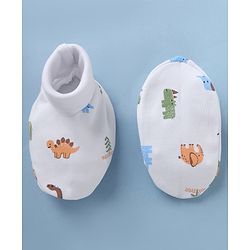 Babyhug 100% Cotton Interlock Knit Caps Mittens & Booties with Elephant Dinosaur Print White - Diameter 14.5 cm
