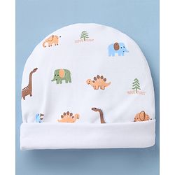 Babyhug 100% Cotton Interlock Knit Caps Mittens & Booties with Elephant Dinosaur Print White - Diameter 14.5 cm