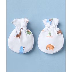 Babyhug 100% Cotton Interlock Knit Caps Mittens & Booties with Elephant Dinosaur Print White - Diameter 14.5 cm