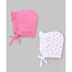 Babyhug 100% Cotton Interlock Knit Caps With Floral & Polka Dot Print Pack of 2 White & Pink - Diameter 10 cm