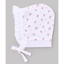 Babyhug 100% Cotton Interlock Knit Caps With Floral & Polka Dot Print Pack of 2 White & Pink - Diameter 10 cm