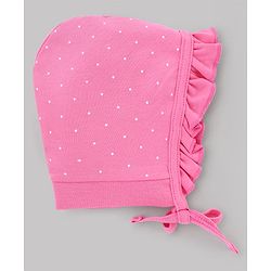 Babyhug 100% Cotton Interlock Knit Caps With Floral & Polka Dot Print Pack of 2 White & Pink - Diameter 10 cm