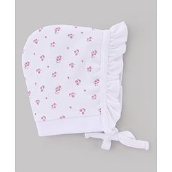 Babyhug 100% Cotton Interlock Knit Caps With Floral & Polka Dot Print Pack of 2 White & Pink - Diameter 10 cm