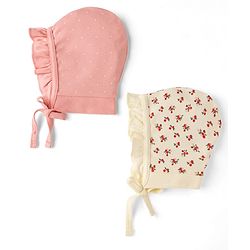 Babyhug 100% Cotton Interlock Kit Caps With Floral & Polka Dot Print Pack of 2 Pink & Beige - Diameter 12 cm