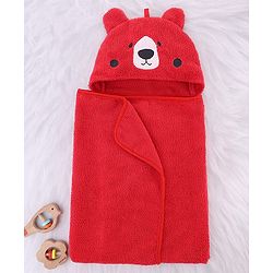 Babyhug Cotton Knit Microfiber Hooded Towel With Bear Embroidery L 74 x B 74 cm - Red