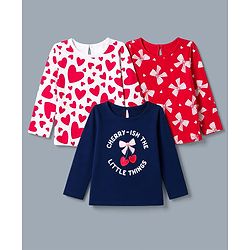 Babyhug 100% Cotton Knit T-Shirts with Full Sleeves and Bows, Hearts & Cherry Print Pack of 3 in Red, White & Navy Blue