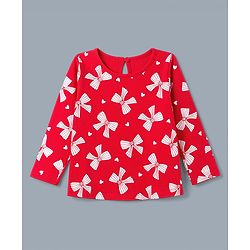 Babyhug 100% Cotton Knit T-Shirts with Full Sleeves and Bows, Hearts & Cherry Print Pack of 3 in Red, White & Navy Blue