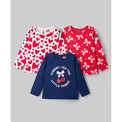 Babyhug 100% Cotton Knit T-Shirts with Full Sleeves and Bows, Hearts & Cherry Print Pack of 3 in Red, White & Navy Blue