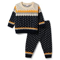 Babyhug Knit Full Raglan Sleeves Chevron Designed Sweater Set - Navy