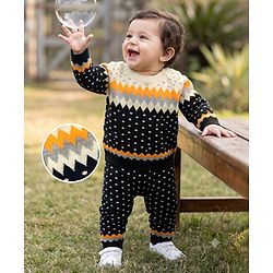 Babyhug Knit Full Raglan Sleeves Chevron Designed Sweater Set - Navy