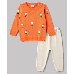 Babyhug Knit Full Sleeves Floral Embroidered Sweater Set - Orange