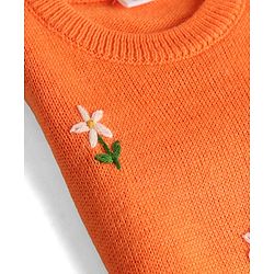 Babyhug Knit Full Sleeves Floral Embroidered Sweater Set - Orange