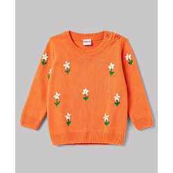 Babyhug Knit Full Sleeves Floral Embroidered Sweater Set - Orange