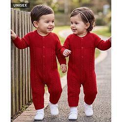 Babyhug Knitted Raglan Sleeves Winter Wear Romper - Red